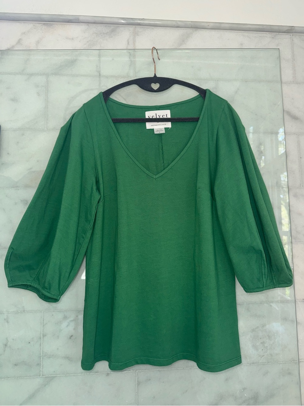 Velvet by Graham & Spencer for Anthropologie Green Puff Sleeve V-Neck Top M